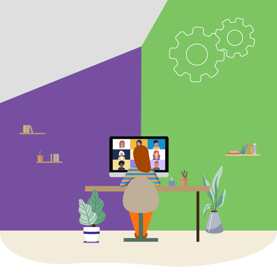 Illustration of a woman at a desk on a video call, surrounded by plants and books, with gears in the green and purple background.